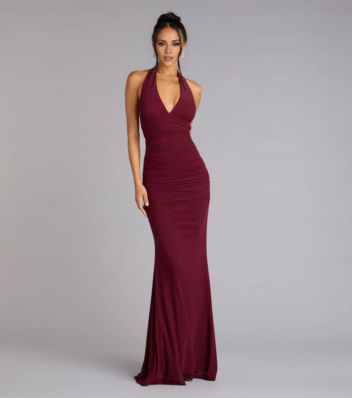 Burgundy Halter Ruched Sheath/column Floor-Length Dress
