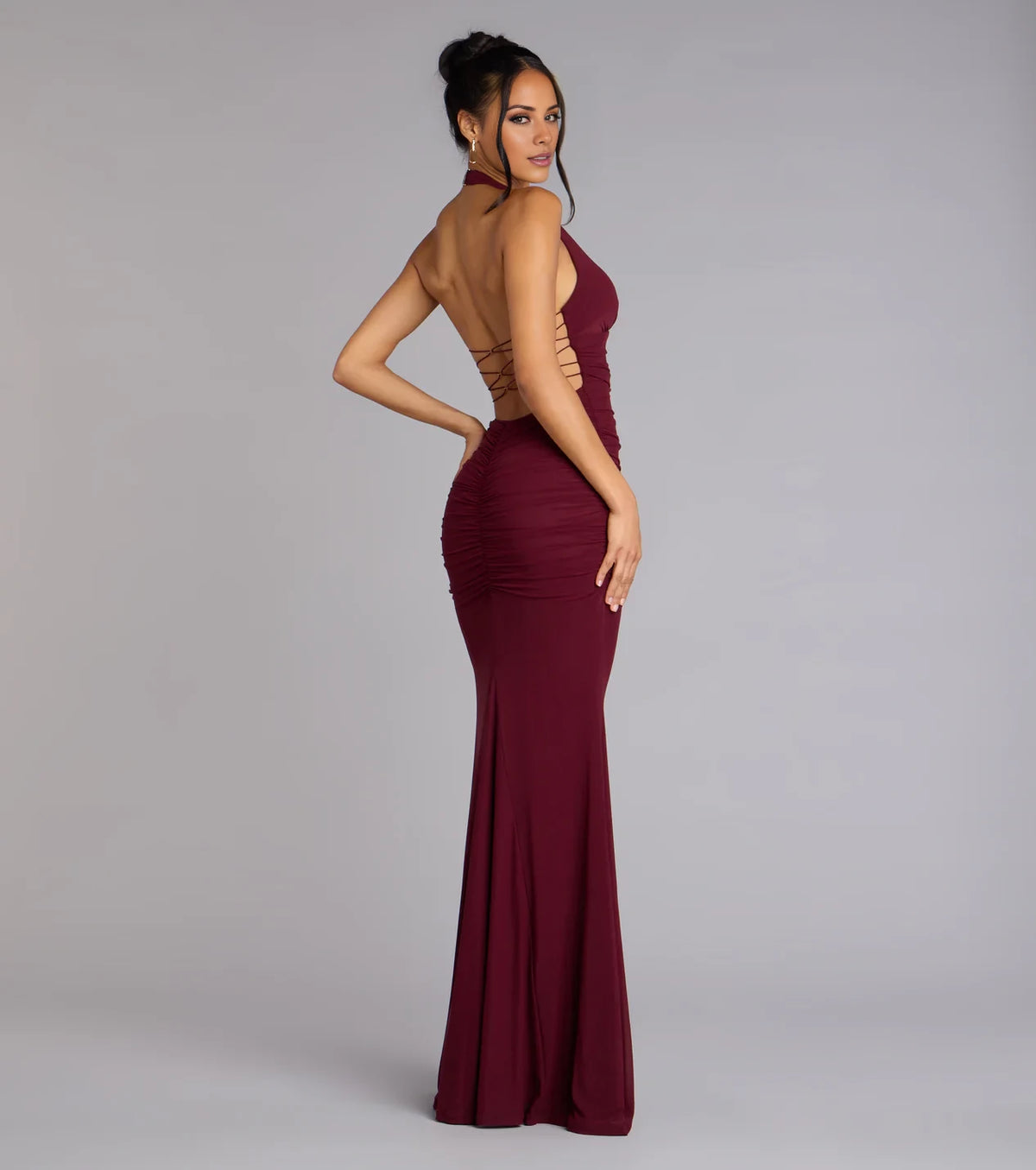Burgundy Halter Ruched Sheath/column Floor-Length Dress