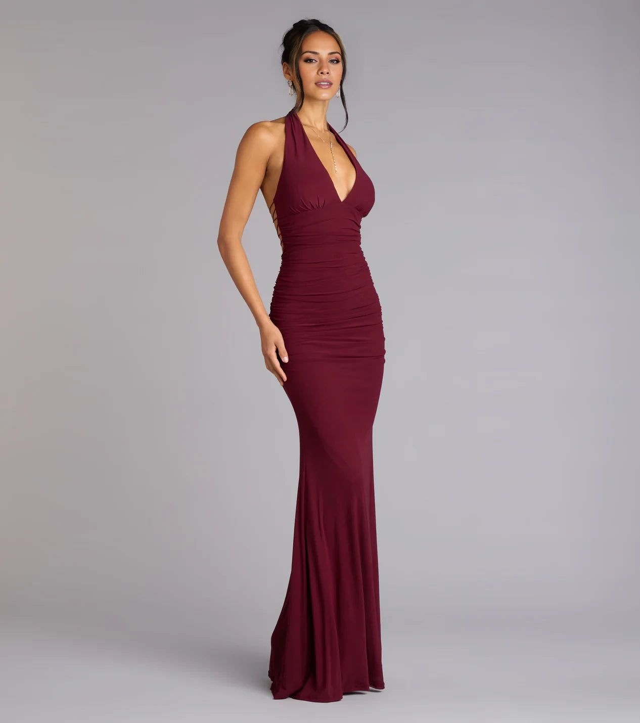 Simple Halter Neck Sleeveless Ruched Lace-Up Back Mermaid Floor-Length Evening Dress