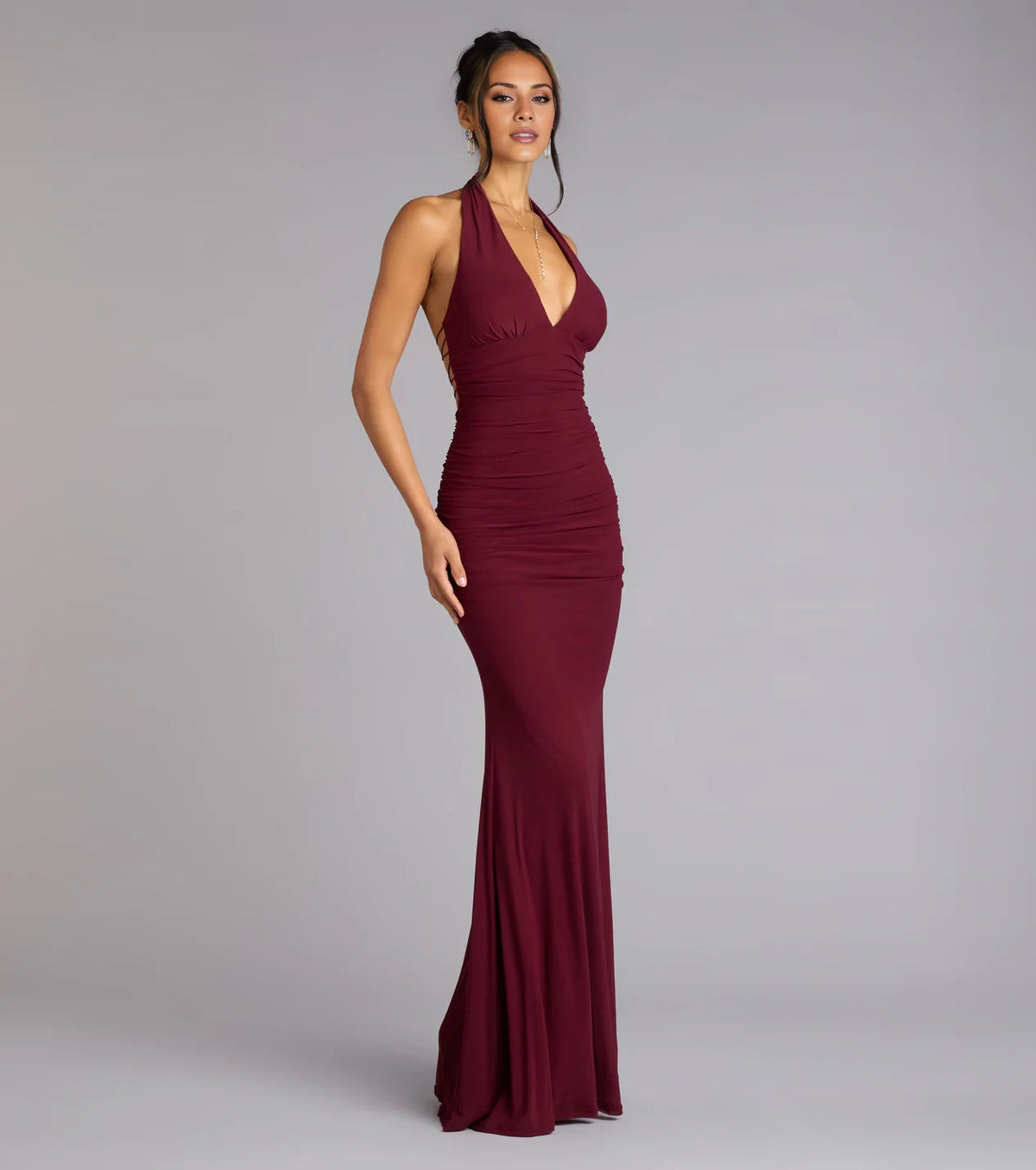Burgundy Halter Ruched Sheath/column Floor-Length Dress
