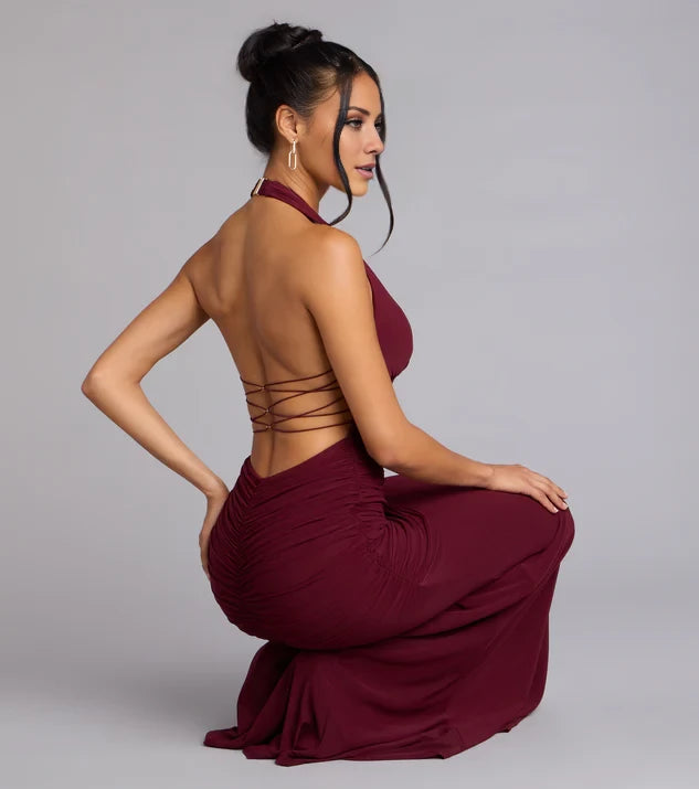 Burgundy Halter Ruched Sheath/column Floor-Length Dress