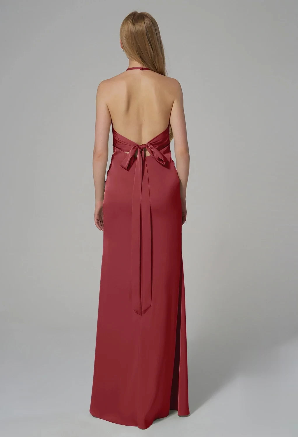 Simple Mermaid V-Neck Halter Sleeveless Lace Up Side Slit Floor-Length Bridesmaid Dress