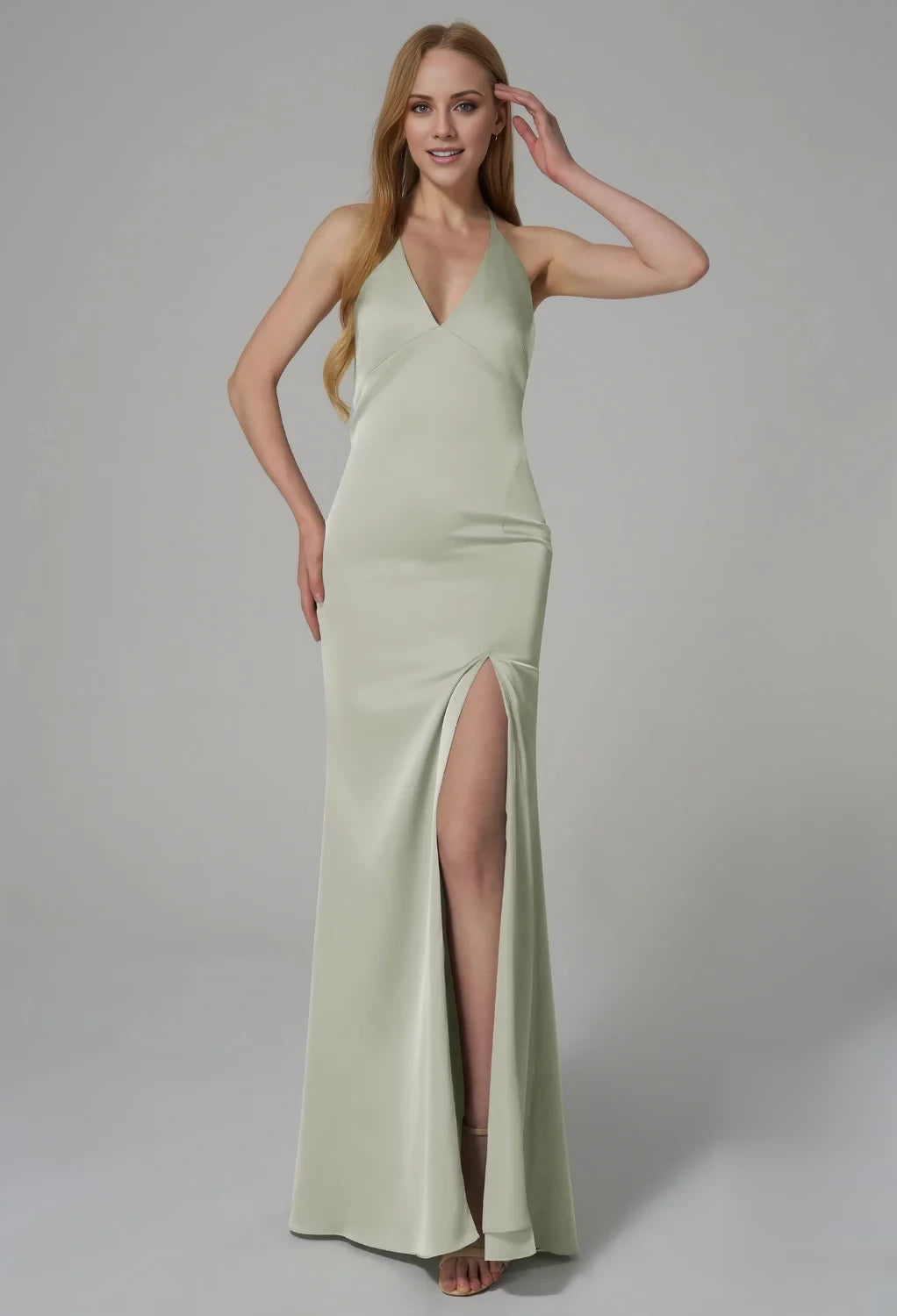 Simple Mermaid V-Neck Halter Sleeveless Lace Up Side Slit Floor-Length Bridesmaid Dress