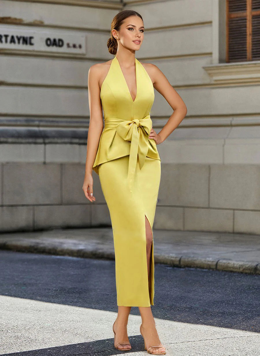 Vestido para madre de la novia con lazo cruzado o cuello columna