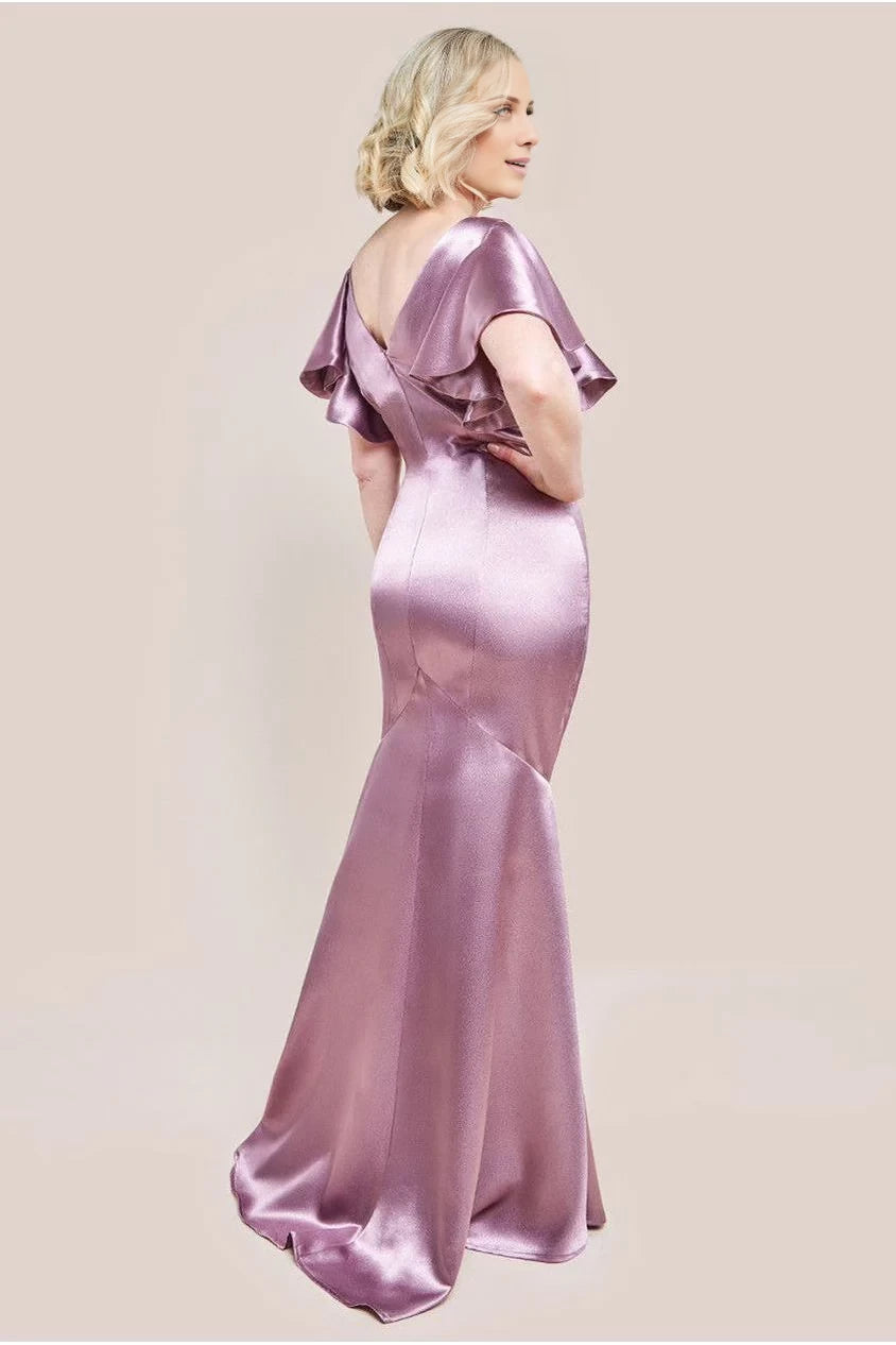 Lavender Satin Mermaid Floor-Length Evening Dress with Flutter Sleeves & Boat Neck