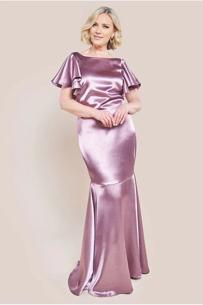 Lavender Satin Mermaid Floor-Length Evening Dress with Flutter Sleeves & Boat Neck
