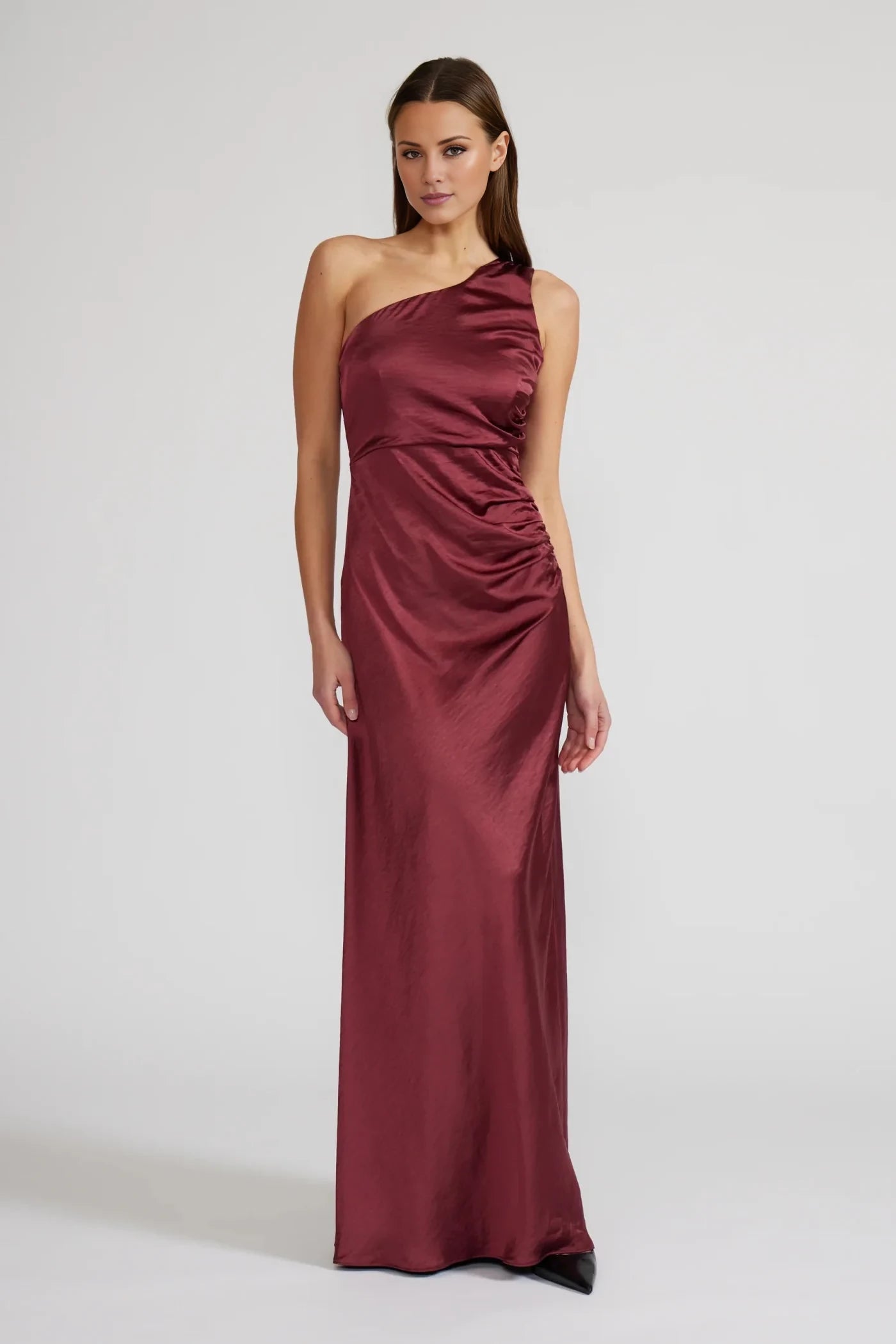 Simple Sheath One-Shoulder Neck Sleeveless Ruched Satin Floor-Length Evening Dress