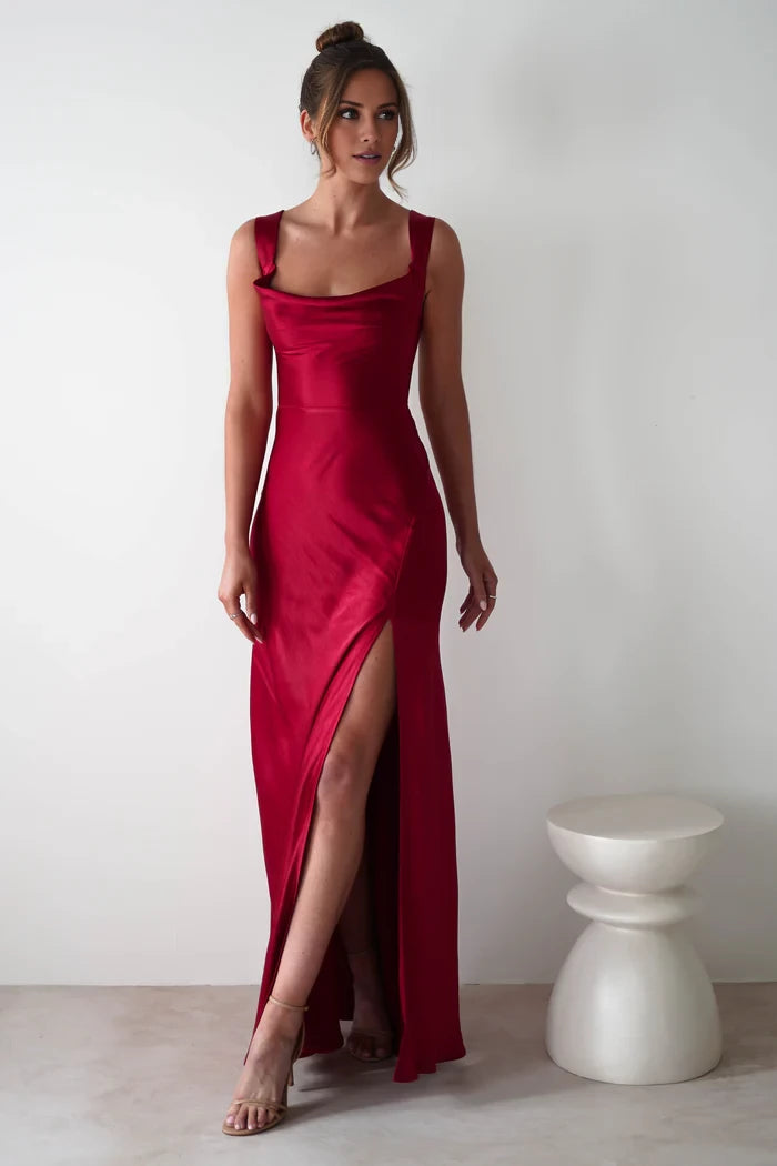 Simple Square neckline Sleeveless satin Lace Up side slit and floor le – JiMiss Dresses