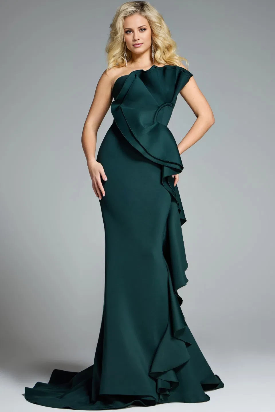 Single shoulder strap with layered hemline ruffles and floor length evening dress