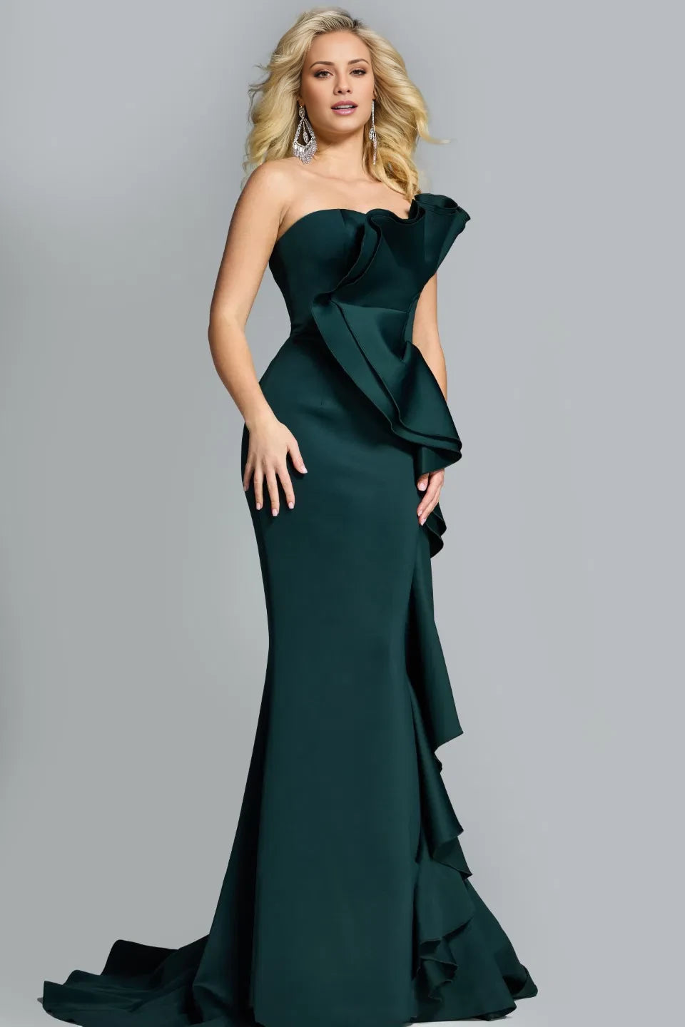 Single shoulder strap with layered hemline ruffles and floor length evening dress