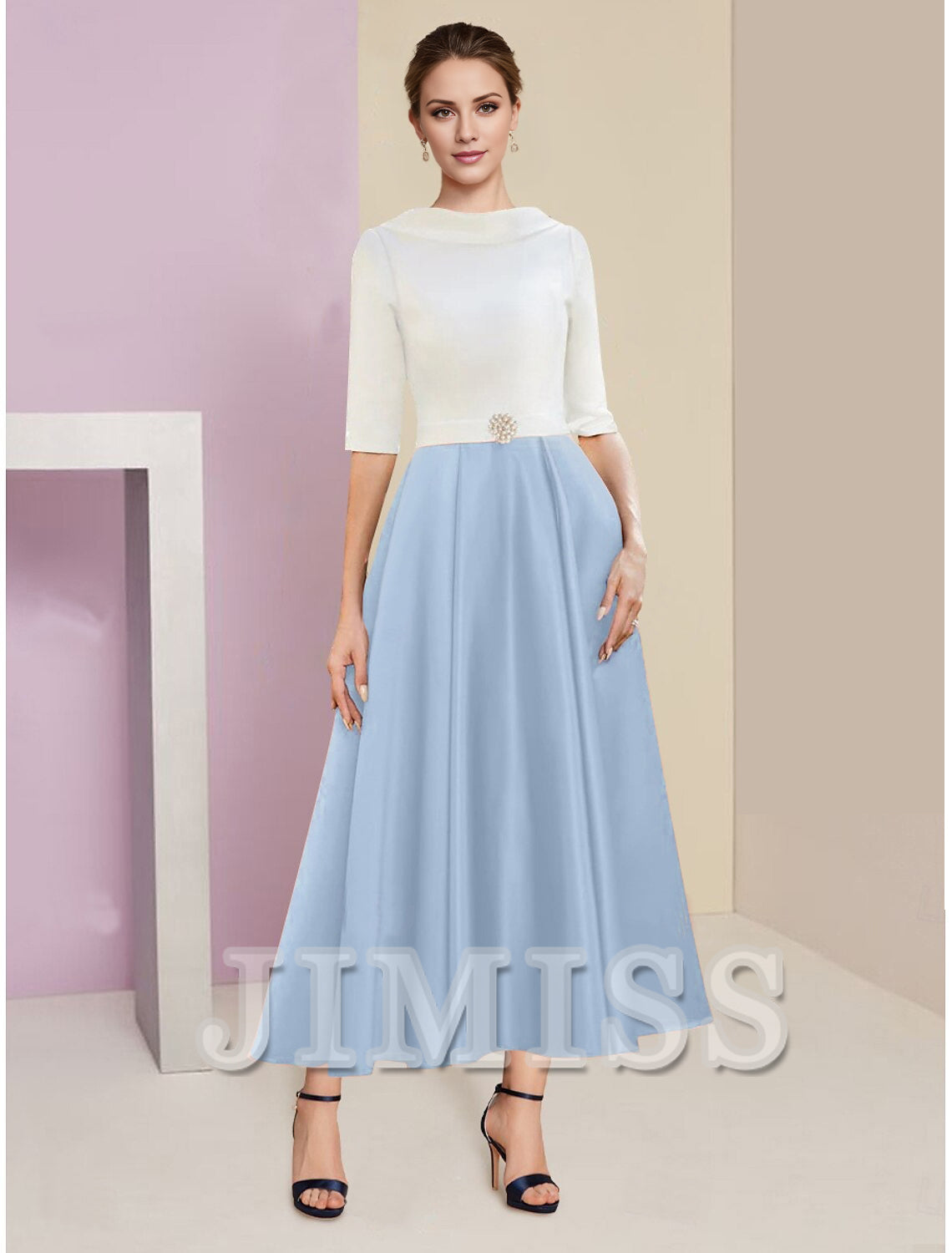 Two-Tone Dark Navy Crepe A-Line Tea-Length Evening Dress with Cowl Neck