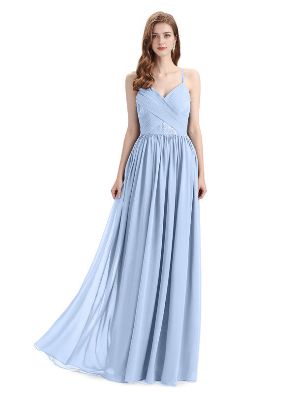 Dusty Blue Draped V-Neck Chiffon Bridesmaid Dress