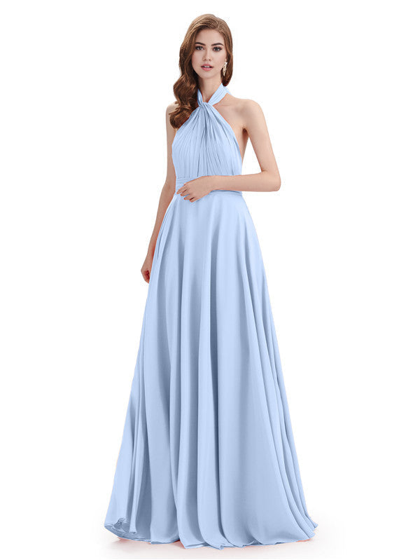 Simple A-Line High Neck Halter Sleeveless Pleats Chiffon Floor Length Bridesmaid Dresses