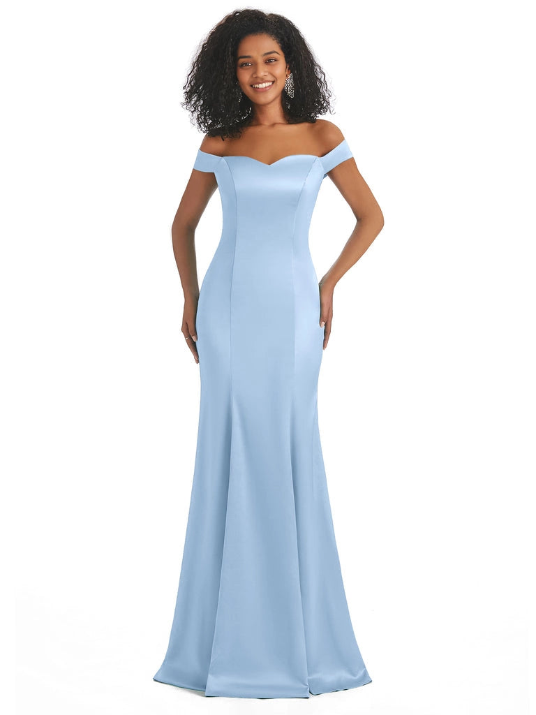 Vestidos de dama de honor largos, sencillos, de satén suave, sin mangas y con hombros descubiertos, de corte sirena