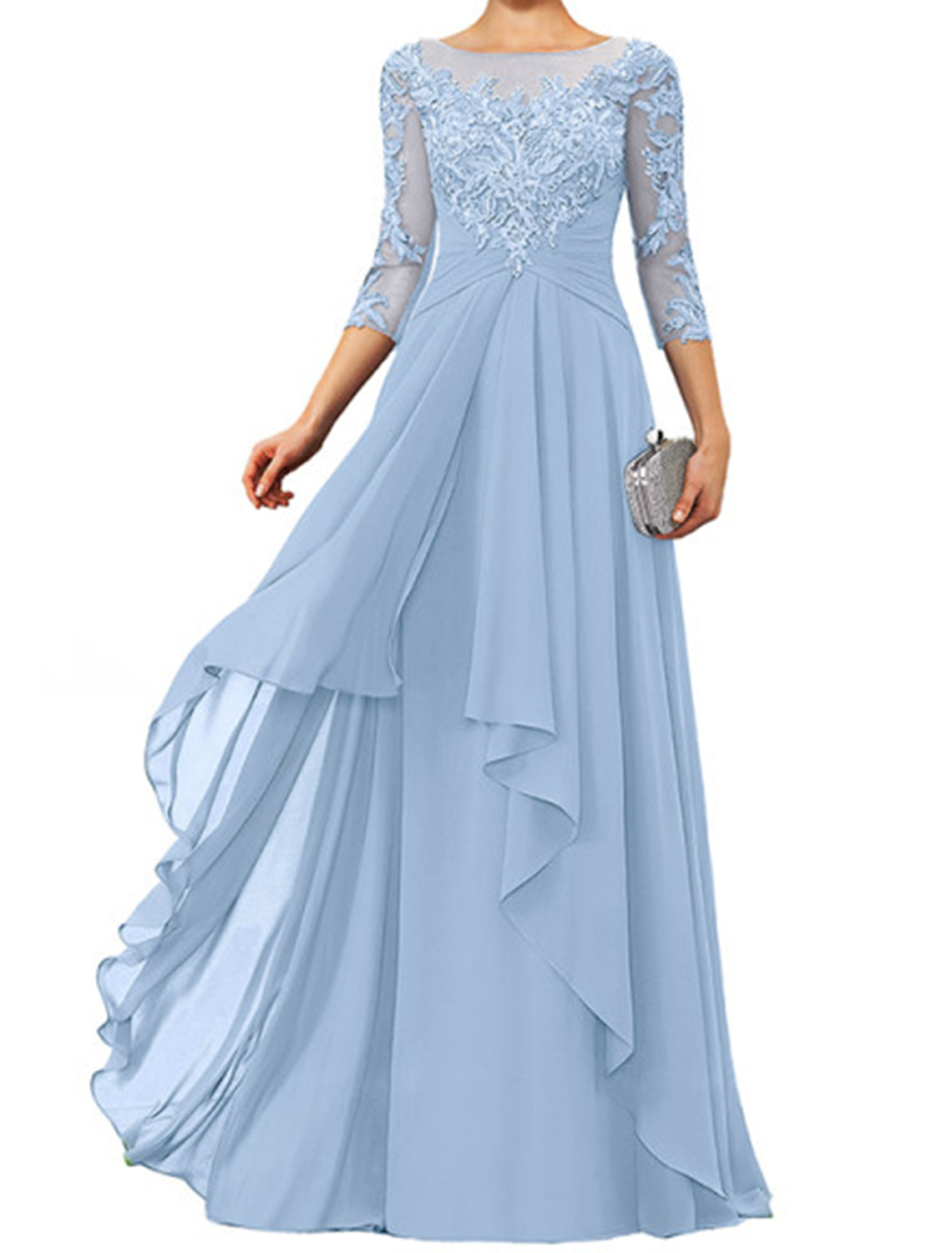 Dark Navy Chiffon A-Line Floor-Length Evening Dress - Illusion Neck Lace Appliques