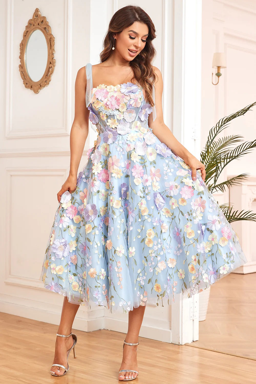 Sky Blue 3D Floral Spaghetti Strap Fit-and-Flare Midi Dress – Garden Party Gown