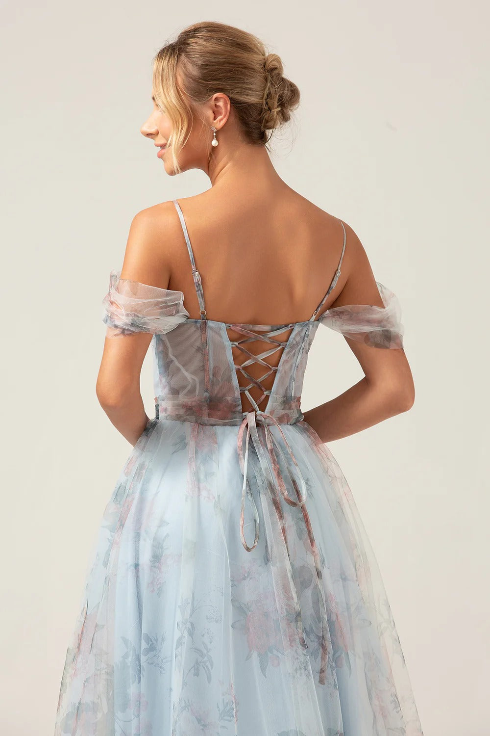 Sky Blue Floral Off-the-Shoulder Corset Tulle Gown with Slit
