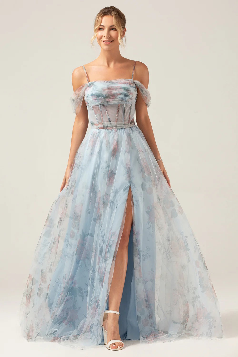 Sky Blue Floral Off-the-Shoulder Corset Tulle Gown with Slit