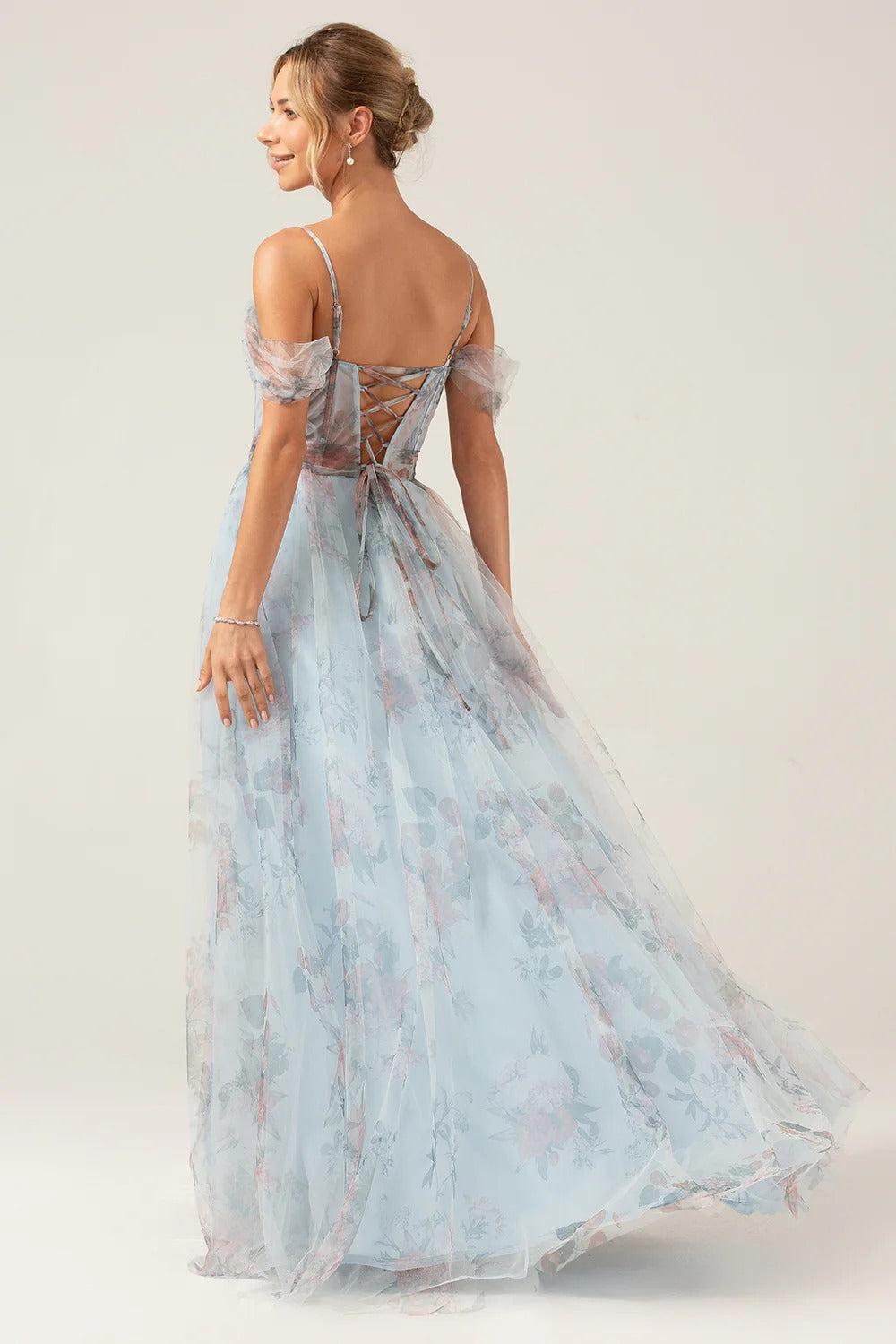 Sky Blue Floral Off-the-Shoulder Corset Tulle Gown with Slit
