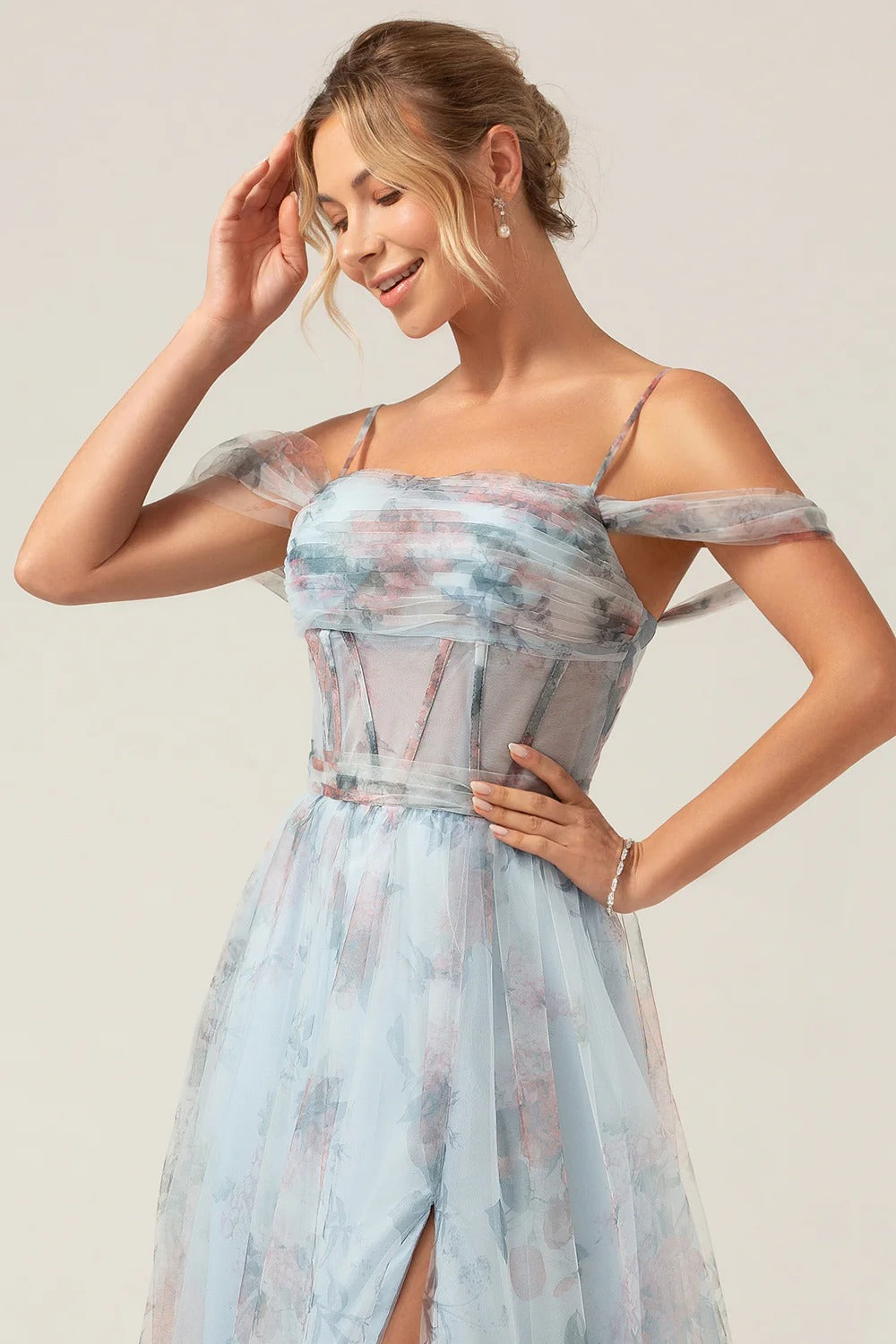 Sky Blue Floral Off-the-Shoulder Corset Tulle Gown with Slit