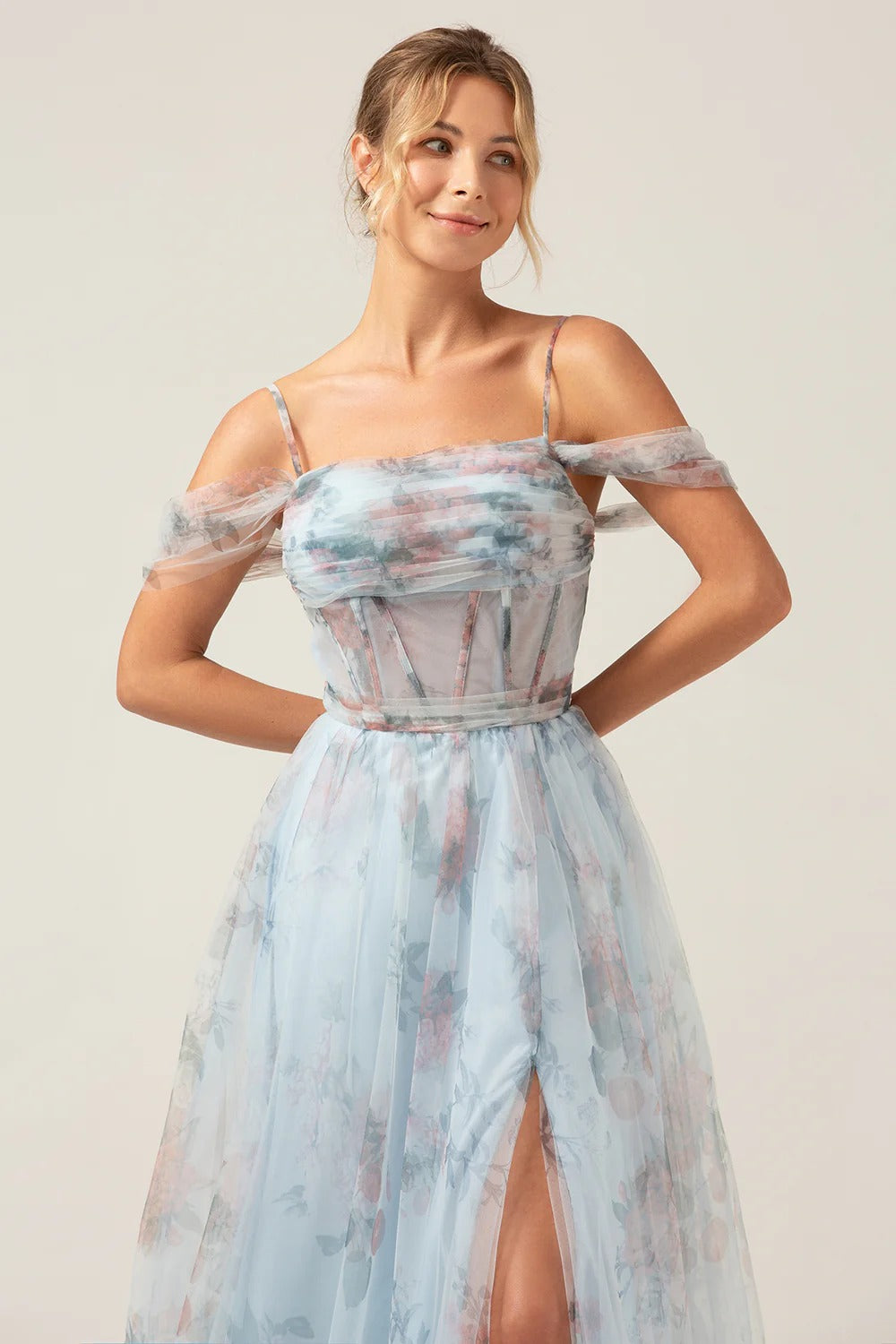 Sky Blue Floral Off-the-Shoulder Corset Tulle Gown with Slit