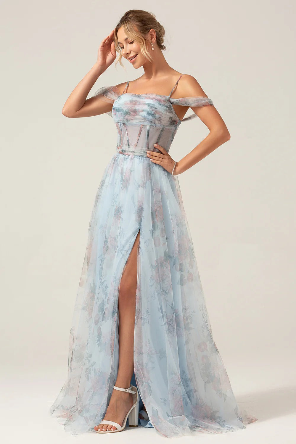 Sky Blue Floral Off-the-Shoulder Corset Tulle Gown with Slit