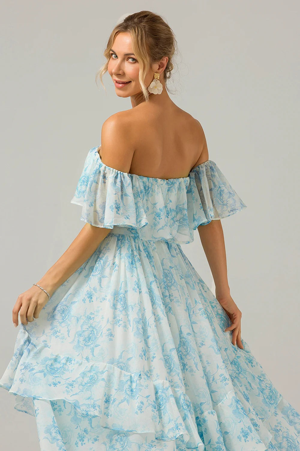 Sky Blue Floral Off-the-Shoulder Ruffle Tiered Chiffon Maxi Dress