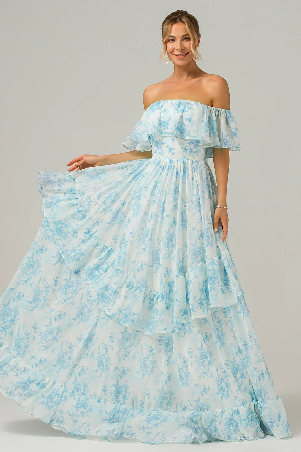Sky Blue Floral Off-the-Shoulder Ruffle Tiered Chiffon Maxi Dress