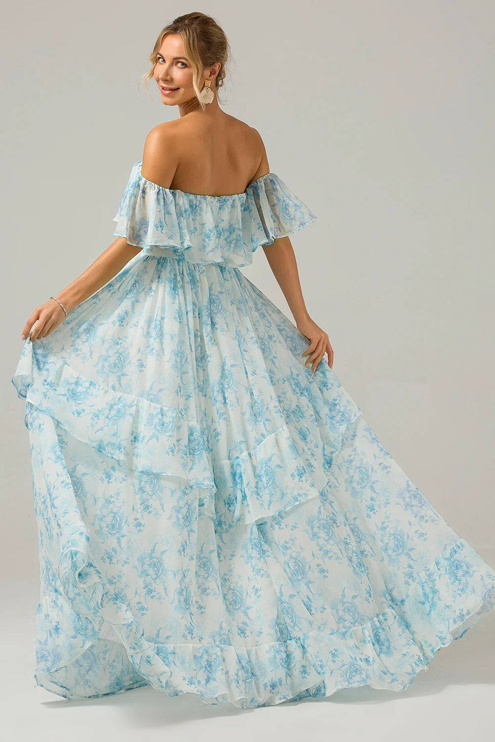 Sky Blue Floral Off-the-Shoulder Ruffle Tiered Chiffon Maxi Dress