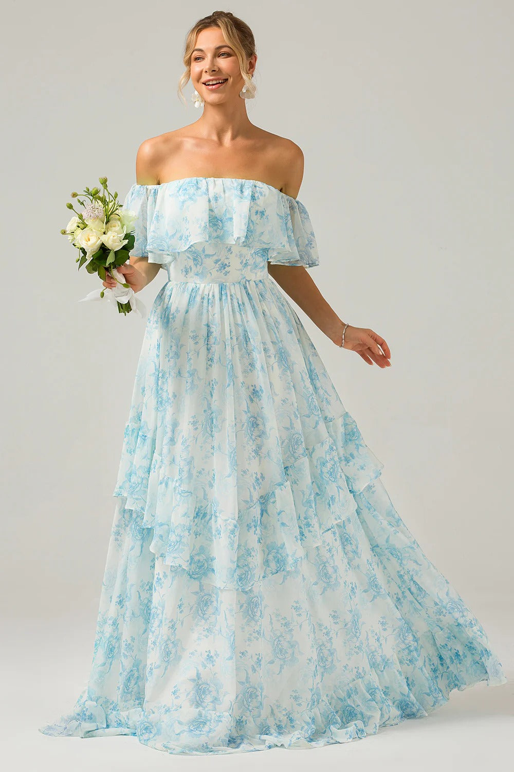 Sky Blue Floral Off-the-Shoulder Ruffle Tiered Chiffon Maxi Dress