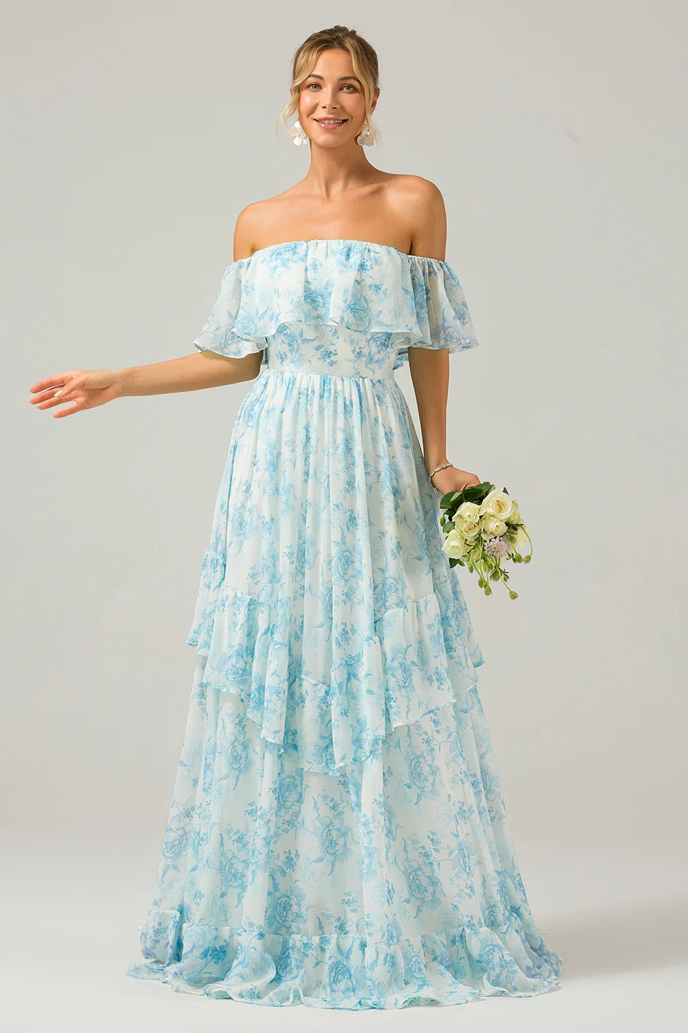 Sky Blue Floral Off-the-Shoulder Ruffle Tiered Chiffon Maxi Dress