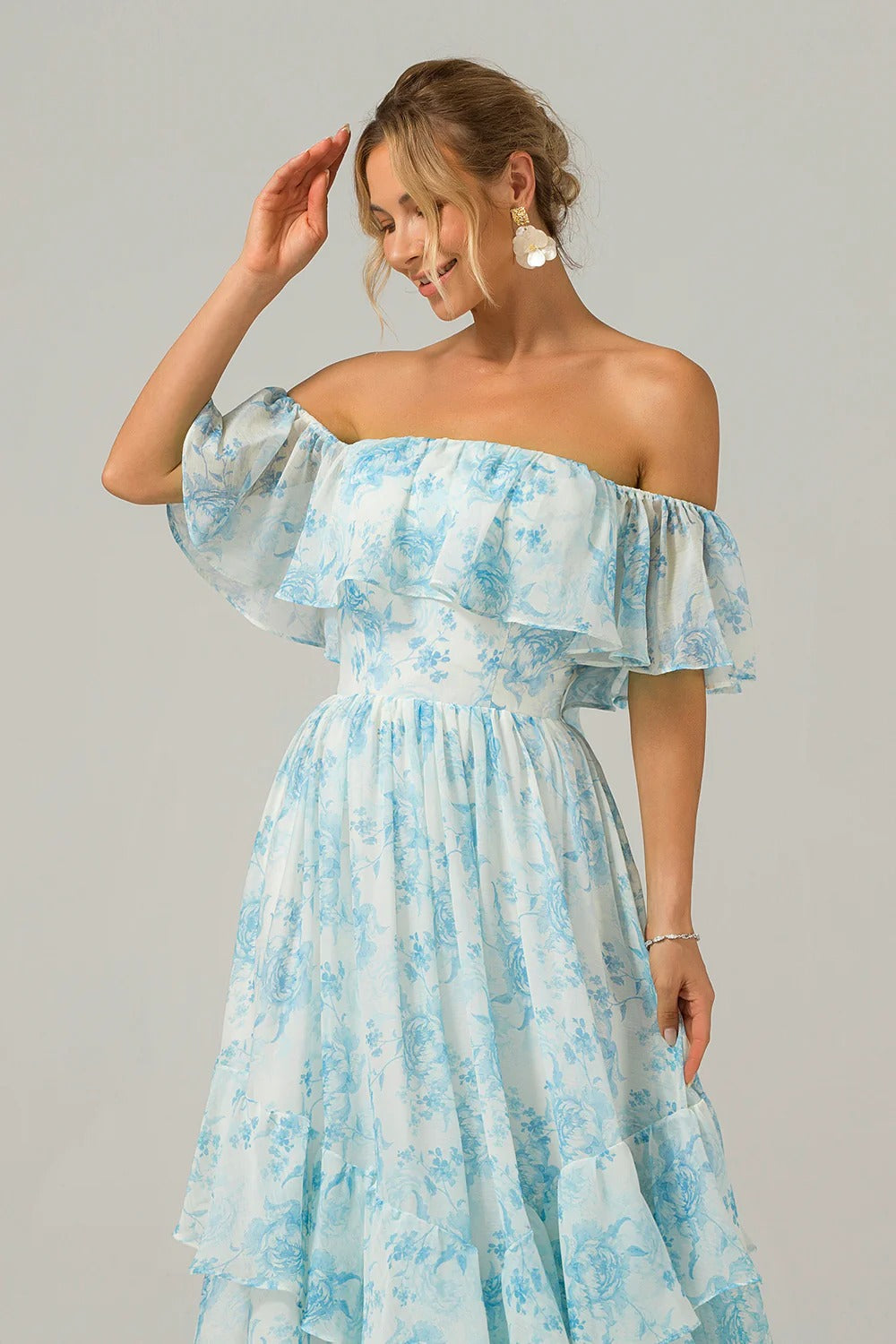 Sky Blue Floral Off-the-Shoulder Ruffle Tiered Chiffon Maxi Dress