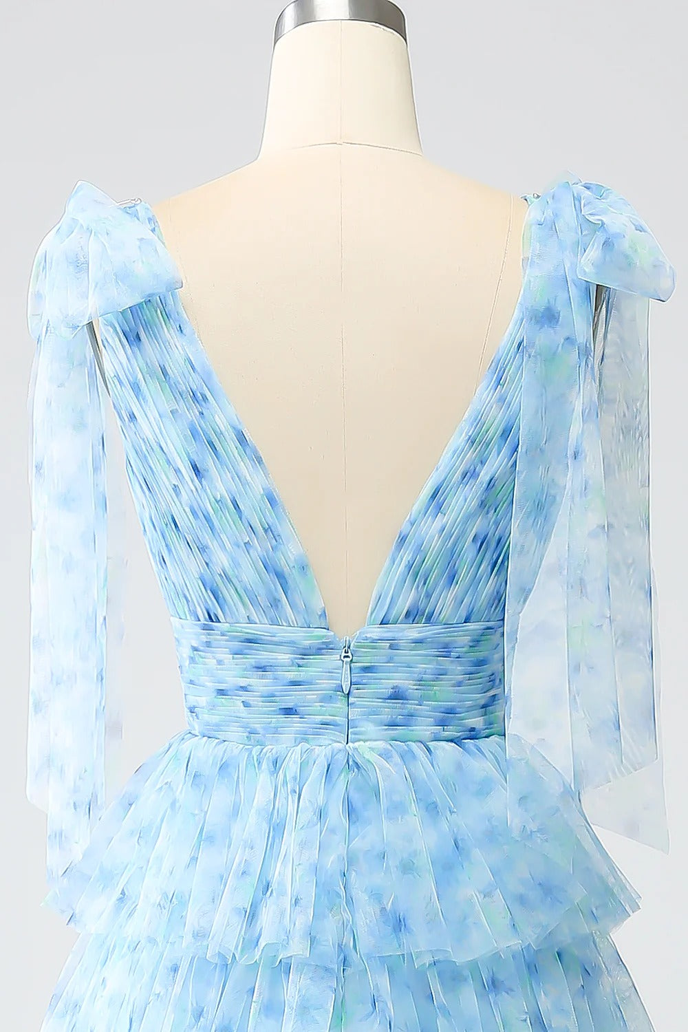 Sky Blue Floral Tiered Tulle Gown – V-Neck Tie-Strap Prom Dress with Ruffle Skirt & Train