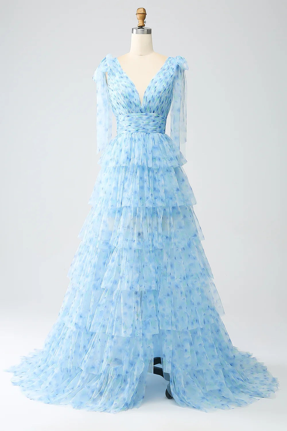 Sky Blue Floral Tiered Tulle Gown – V-Neck Tie-Strap Prom Dress with Ruffle Skirt & Train