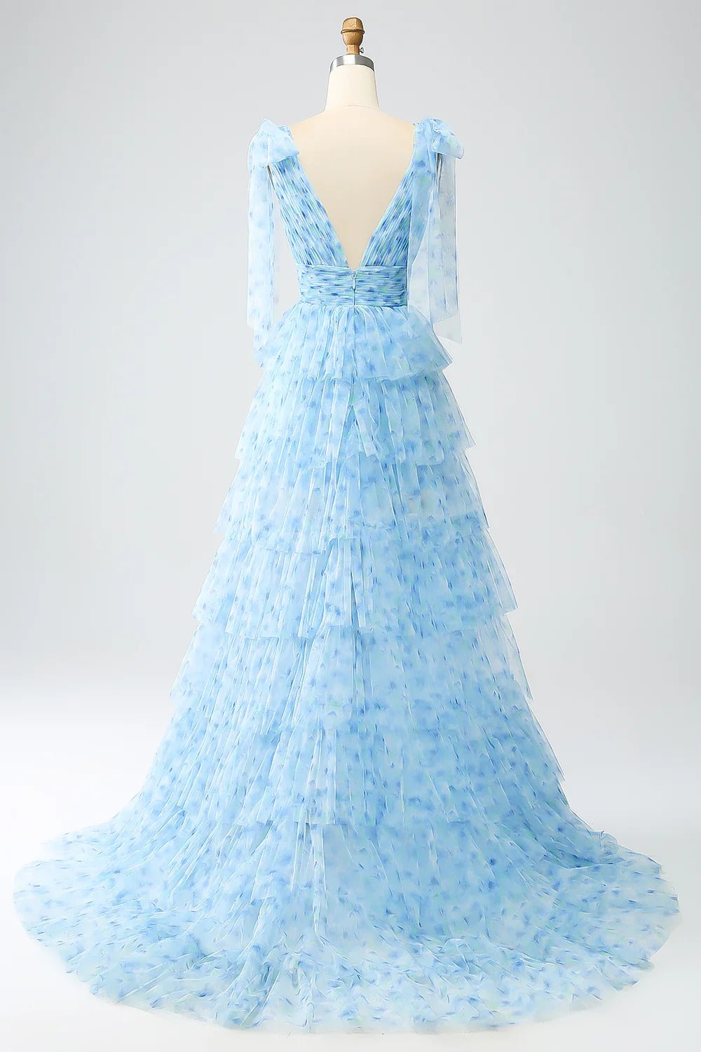 Sky Blue Floral Tiered Tulle Gown – V-Neck Tie-Strap Prom Dress with Ruffle Skirt & Train
