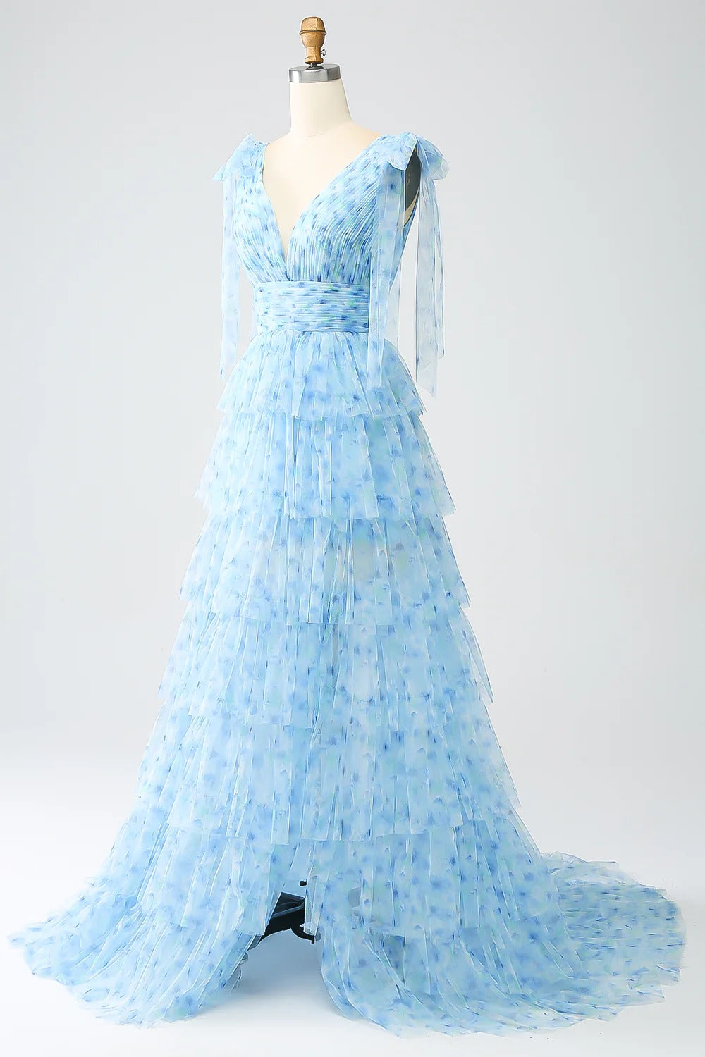 Sky Blue Floral Tiered Tulle Gown – V-Neck Tie-Strap Prom Dress with Ruffle Skirt & Train
