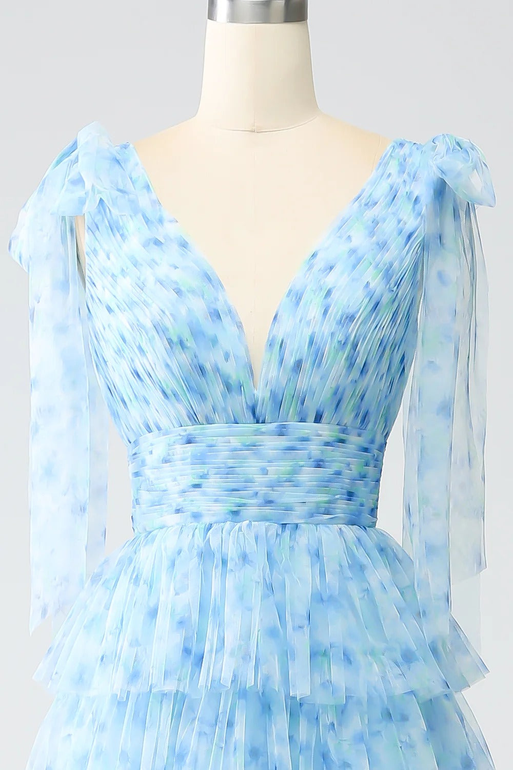 Sky Blue Floral Tiered Tulle Gown – V-Neck Tie-Strap Prom Dress with Ruffle Skirt & Train