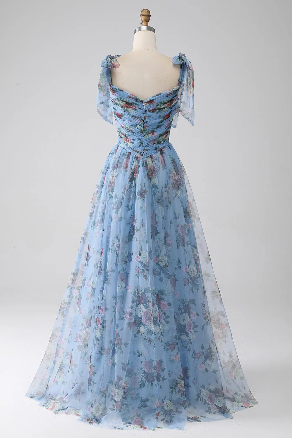 Sky Blue Floral Tulle Gown – Tie-Strap Sweetheart Neck Prom Dress with A-Line Skirt