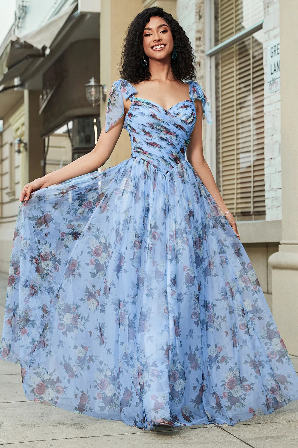 Sky Blue Floral Tulle Gown – Tie-Strap Sweetheart Neck Prom Dress with A-Line Skirt