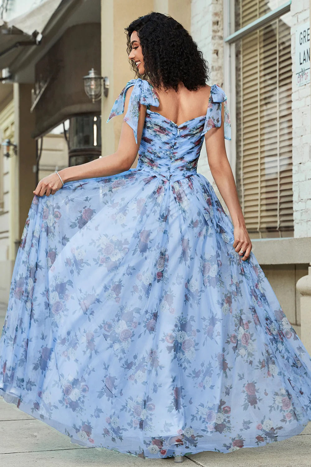 Sky Blue Floral Tulle Gown – Tie-Strap Sweetheart Neck Prom Dress with A-Line Skirt