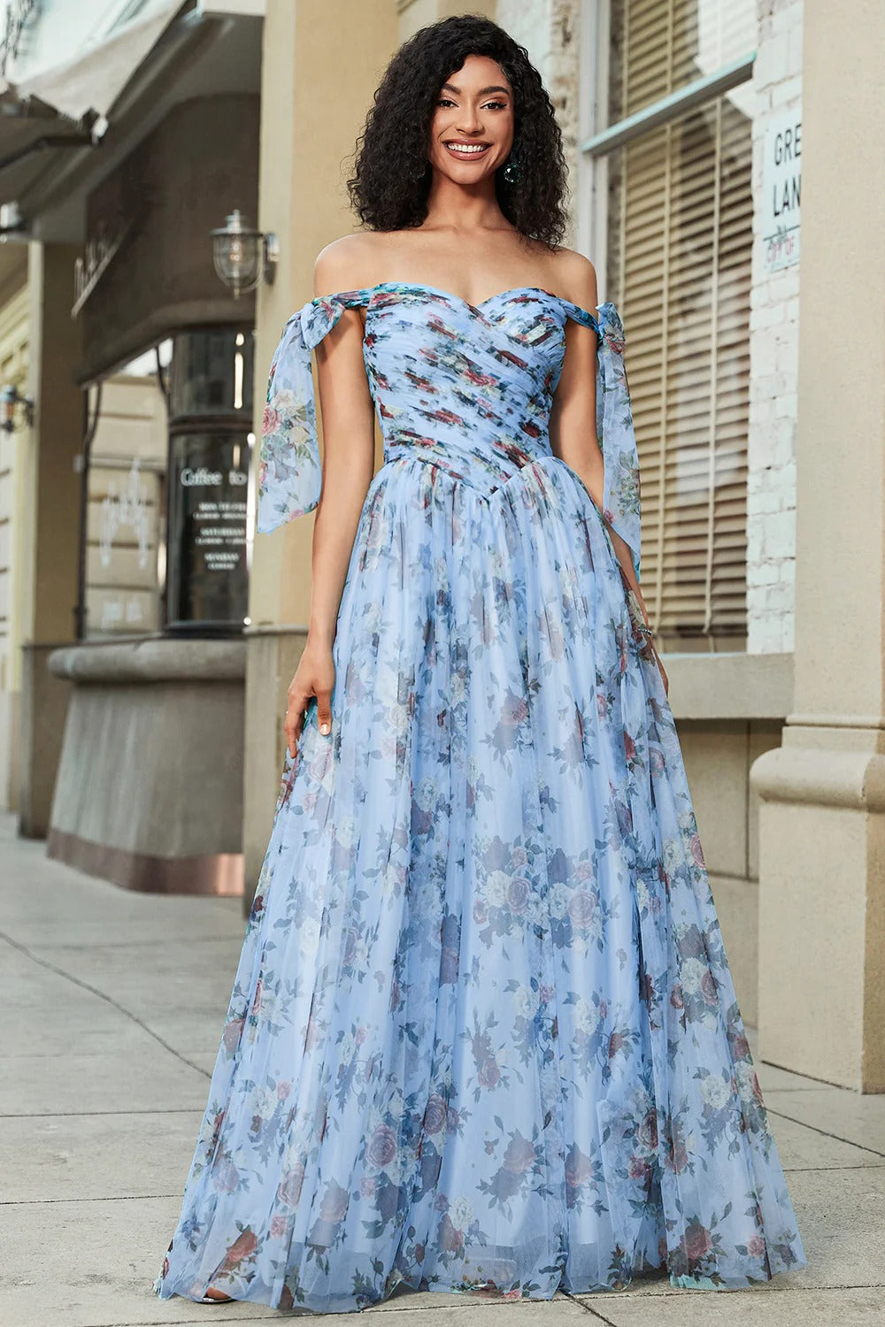 Sky Blue Floral Tulle Gown – Tie-Strap Sweetheart Neck Prom Dress with A-Line Skirt
