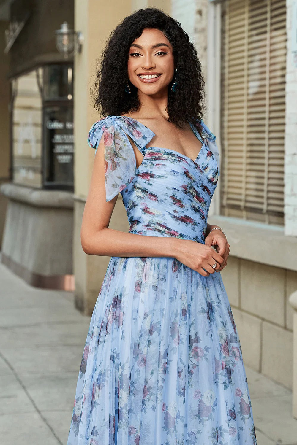 Sky Blue Floral Tulle Gown – Tie-Strap Sweetheart Neck Prom Dress with A-Line Skirt