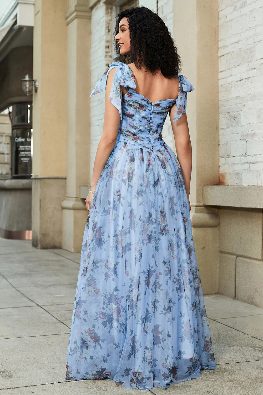 Sky Blue Floral Tulle Gown – Tie-Strap Sweetheart Neck Prom Dress with A-Line Skirt
