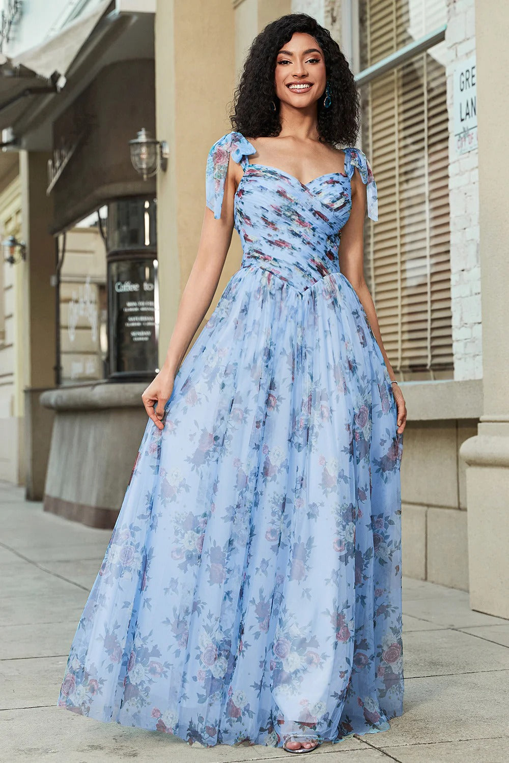 Sky Blue Floral Tulle Gown – Tie-Strap Sweetheart Neck Prom Dress with A-Line Skirt