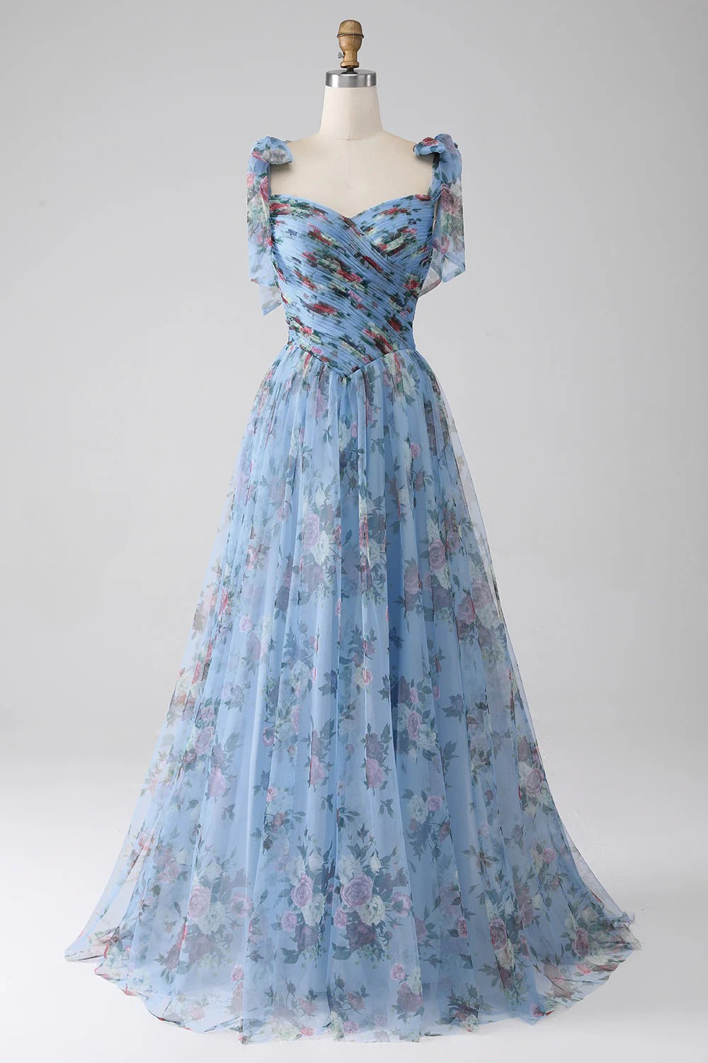 Sky Blue Floral Tulle Gown – Tie-Strap Sweetheart Neck Prom Dress with A-Line Skirt
