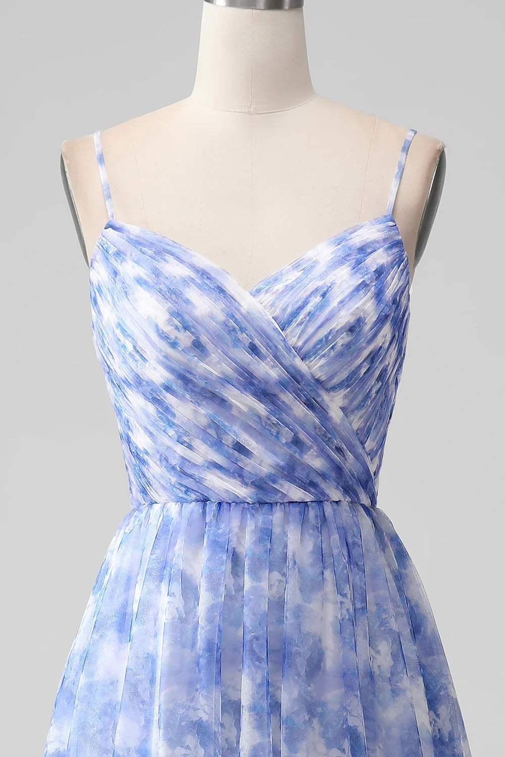 Sky Blue Floral Wrap V-Neck Chiffon Maxi Dress with Lace-Up Back