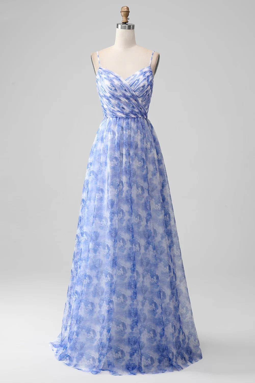 Sky Blue Floral Wrap V-Neck Chiffon Maxi Dress with Lace-Up Back