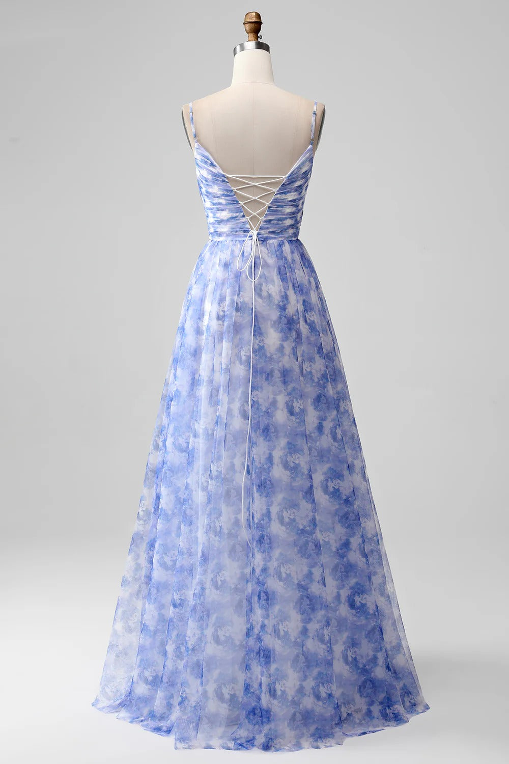 Sky Blue Floral Wrap V-Neck Chiffon Maxi Dress with Lace-Up Back