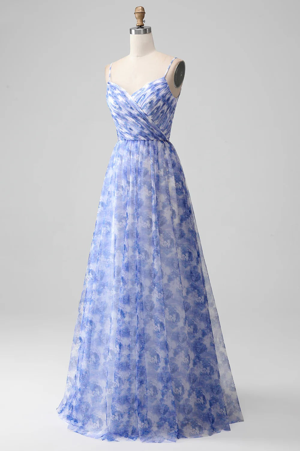 Sky Blue Floral Wrap V-Neck Chiffon Maxi Dress with Lace-Up Back