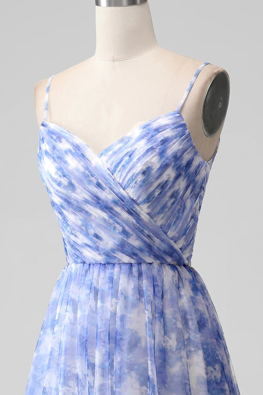 Sky Blue Floral Wrap V-Neck Chiffon Maxi Dress with Lace-Up Back